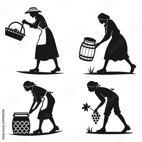 Women harvesting and storing food silhouette