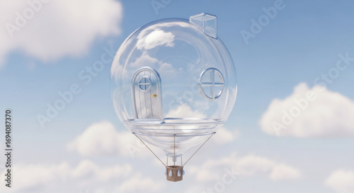 Dreamy transparent house balloon flying in blue sky with clouds stock illustration
