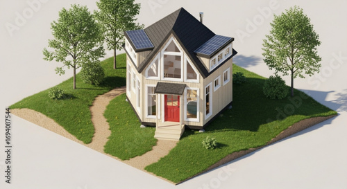 Isometric sustainable house design with solar panels and modern architecture style