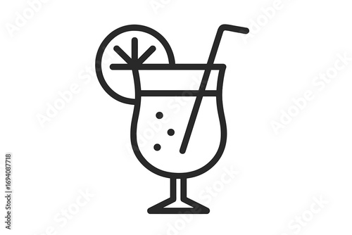 Cocktail glass icon with lemon slice and straw. Vector line art for summer drink, juice, or beverage. Minimalist symbol for a bar, party, menu, or tropical vacation concept.