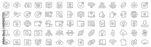 Download icon set featuring cloud, arrow, file, folder, browser, mobile, wifi, sync, update, security; clean outline line style, editable stroke
