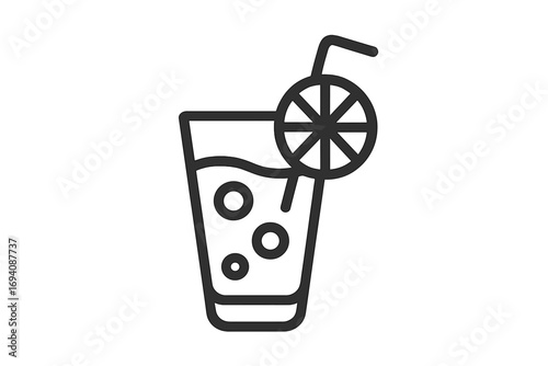 Summer drink icon. Cocktail, juice, or soda in glass with lemon slice and straw. Simple line art beverage symbol for bar menu, party flyers, web design, and apps. Freshness.