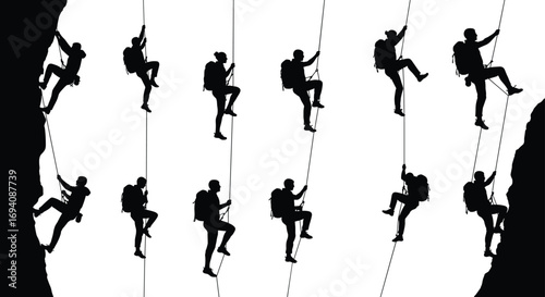 Black silhouettes of rock climbers, rappelling, scaling cliffs, steep walls, extreme sports, adventure, outdoor activity, vector illustration, dynamic climbing poses, isolated set