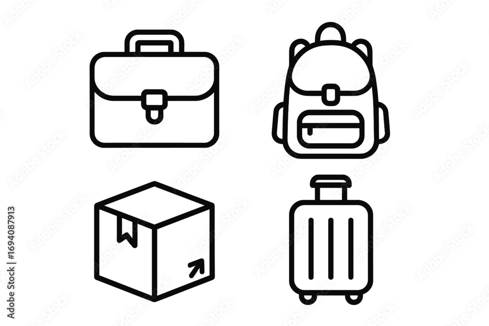 Bags line icon bundle. Includes briefcase, backpack, package, and luggage. Vector outline signs for graphic and web design, apps, business, travel, and shipping concepts.