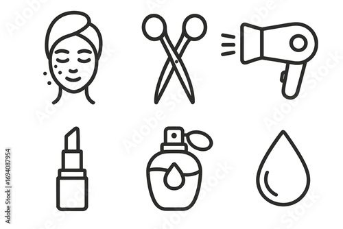 Beauty and skincare icon set. Modern outline vector symbols for cosmetics, salon, spa. Includes hairdryer, scissors, lipstick, perfume, face mask, and cosmetic drop icons.