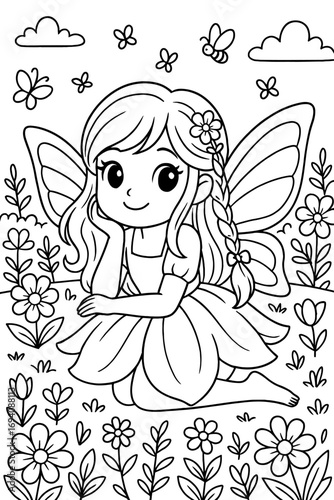 Charming fairy with wings resting in a flower garden line art drawing
