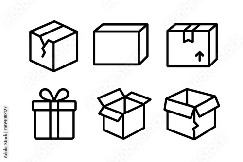 Boxes line icon set. Shipping and delivery signs. Parcel, package, container, gift box outline symbols. Open, closed, fragile, broken cardboard boxes. Vector illustration.