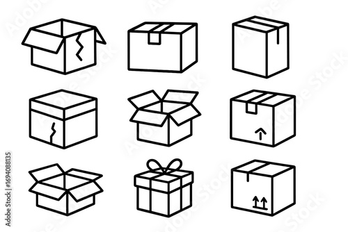 Boxes line icon collection. Broken box, container, parcel, giftbox outline signs. Graphic design elements for web, apps, ads. Shipping, delivery, packaging vector cartoon set.