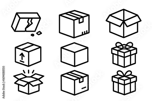 Box line icon set. Shipping package and giftbox signs. Vector delivery container, open parcel, broken box pictogram collection. Outline graphic elements for web, app, logo.
