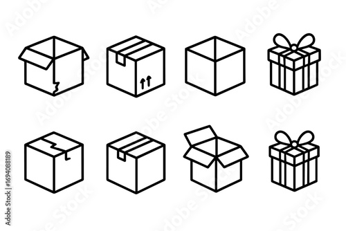 Boxes line icon set. Shipping, delivery, packaging symbols. Vector outline illustration for web design. Parcel, container, open, closed, broken and gift box signs.