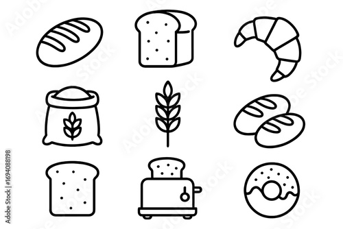 Bread and bakery line icon set. Vector symbols for baking, food, and pastry. Loaf, croissant, toast, wheat, flour, and donut outline pictograms for web and apps. Editable.