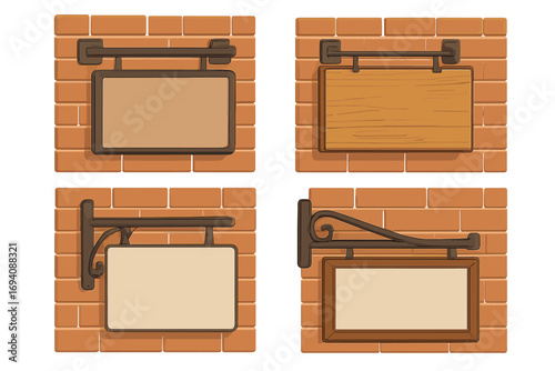 Set of hanging signs on brick wall. Vector illustration of blank wooden signboard. Empty mockup collection. Wrought iron street sign for pub. Vintage frame plaque.