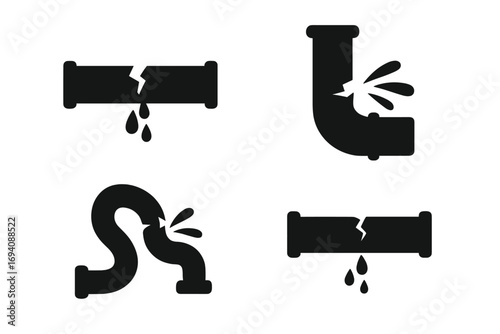 Broken pipe icon set. Water leak and dripping. Plumbing problem and pipeline damage concept. Burst pipe and leakage silhouette symbol for maintenance and repair service. Vector.