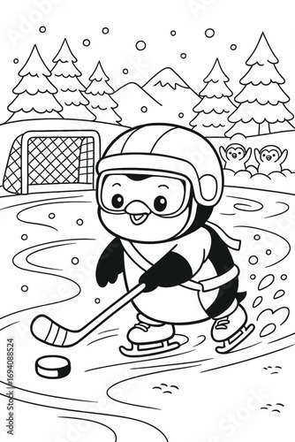 Cheerful penguin playing ice hockey on a snowy rink with trees around