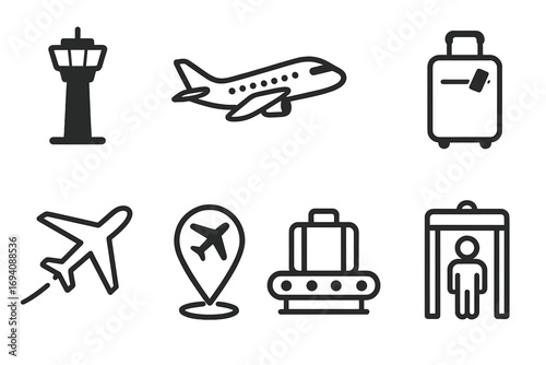 Air travel icon set with airport symbols. Vector line icons of airplane, luggage, flight, control tower, security check, and destination. Minimalist pictograms for tourism.