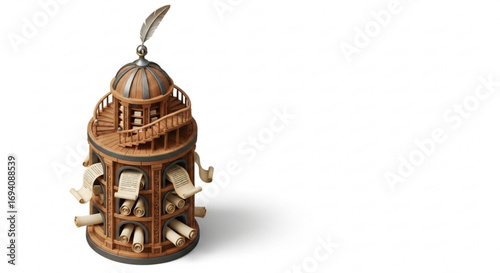 Vintage library tower with scrolls and quill pen, antique study room decor element