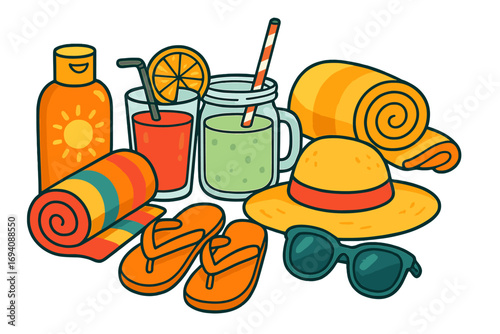 Summer beach vacation essentials set. Vector cartoon illustration of sunscreen, sun hat, sunglasses, flip flops, towels, and cold drinks for a relaxing holiday. Isolated travel concept.