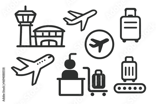 Air travel icon set. Airport symbols collection with airplane, luggage, control tower, and terminal. Vector line art for flight, transport, and tourism business. Check-in & baggage claim pictograms.