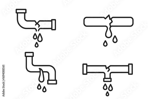 Broken pipe line icon set. Leaking water pipes, plumbing problem, burst pipeline concept. Vector outline symbol for emergency repair service. Damaged tube, water drop illustration.