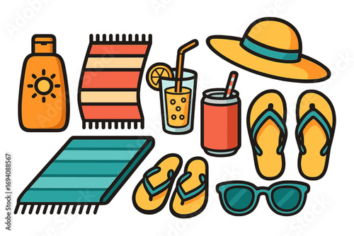 Summer beach essentials icon set. Flat design vector collection of vacation items like sunscreen, towel, flip flops, sun hat, sunglasses, and cold drinks. Holiday concept.