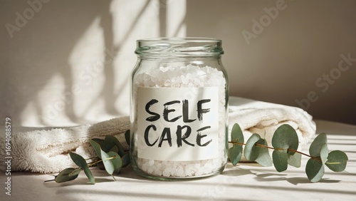 jar of sea salt with self care sign next to eucalyptus branches and towels