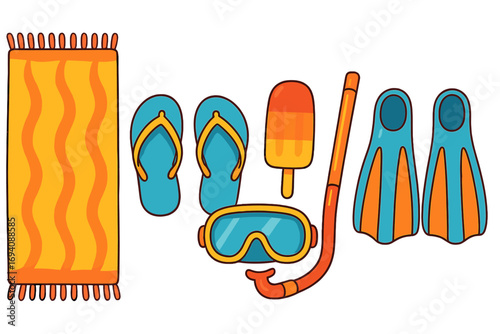 Vector set of summer beach vacation essentials. Cartoon flat icon collection with flip-flops, towel, popsicle, diving mask, snorkel, and fins. Holiday and travel concept.