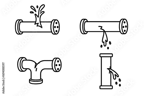 Broken pipes linear icon set. Leaking water tube, burst pipeline, and plumbing problem concept. Damaged pipe with crack and water spray. Vector illustration for repair service.