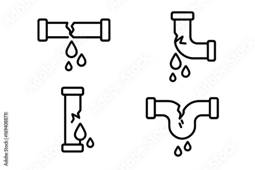 Broken pipe icon set. Water leak, pipeline damage concept. Plumbing problem, burst tube, leaking drain symbol. Outline vector illustration for plumber service, repair.