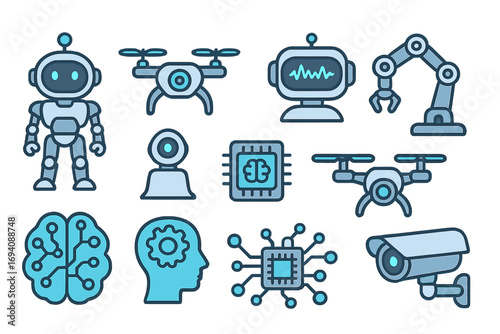 Technology icon set with robot, drone, and AI elements. Vector illustration of futuristic concepts like machine learning, automation, chatbot, cyborg, and robotic arm. Digital brain.