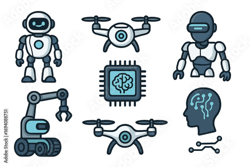 Robot, drone and artificial intelligence icons set. Futuristic technology concept. Vector cartoon of robotics, android, cyborg, AI brain, chip, and neural network elements.