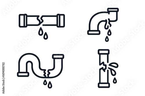 Broken pipe line icon set. Vector illustration of leaking water pipes, plumbing problems, pipeline damage. Cracked, dripping, and burst pipes for emergency repair service symbols.