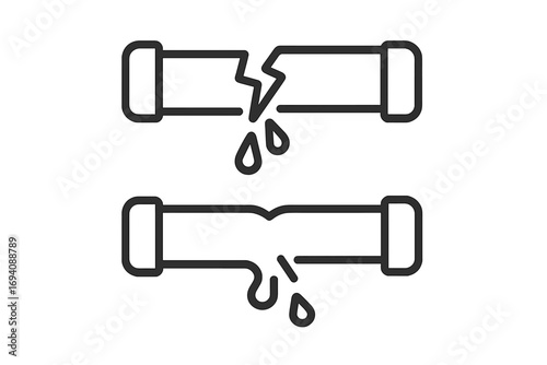 Broken pipe line icon set. Burst water pipe. Leaking pipeline with dripping water. Plumbing problem. Damage, leakage, emergency, repair concept. Vector plumbing symbol.