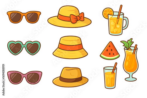 Summer beach vacation items set. Cartoon vector collection of isolated accessories like sunglasses, sun hats, and drinks. Holiday travel essentials with juice and watermelon.
