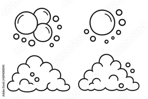 Soap suds and bubble foam outline icon collection. Vector line art for cleaning, laundry, and bath designs. Fizzy water and soda pop effervescent bubbles graphic elements set.