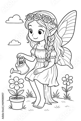 Cute fairy girl with flower crown watering plant with watering can drawing