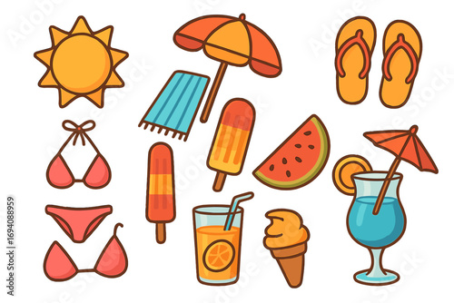 Summer beach icon collection for vacation. Vector cartoon set with sun, umbrella, bikini, flip flops, ice cream, popsicle, watermelon, juice and cocktail. Holiday travel fun.