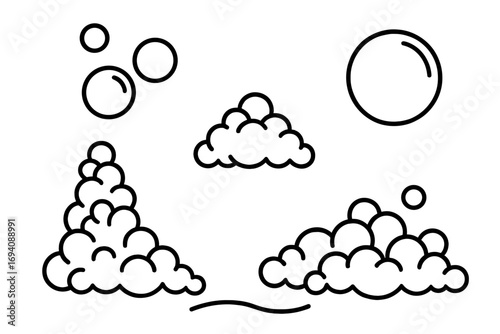 Set of soap foam and bubbles outline icons. Vector collection of water suds, bath lather, and shampoo froth elements for design. Clean, wash, and hygiene concept illustration.