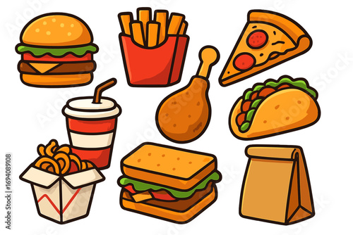 Fast food icon set. Junk food colorful cartoon collection. Burger, pizza, fries, chicken, sandwich and soda drink for takeout menu. Vector graphic element for delivery design.
