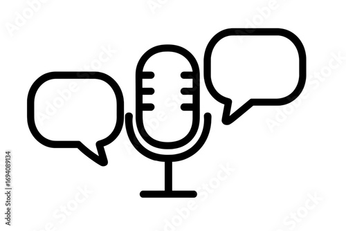 Podcast interview or dialogue concept. Vector line art icon with a microphone and speech bubbles. Communication symbol for broadcasting, radio show, or audio chat.