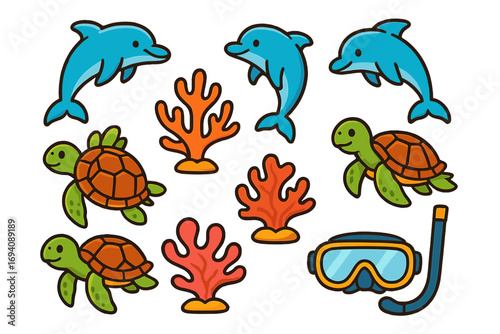 Cute marine life icon set. Cartoon vector collection with dolphin, sea turtle, coral reef and snorkel gear. Underwater ocean animal sticker pack for kids. Summer vacation.