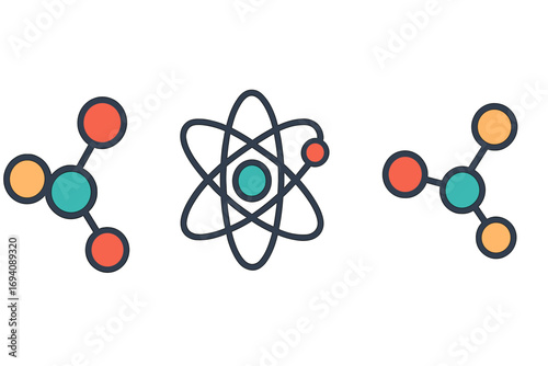 Atom, molecule, chemical compound vector icon set. Simple flat cartoon illustration for science, chemistry, physics education and research. Laboratory symbol, nuclear energy.