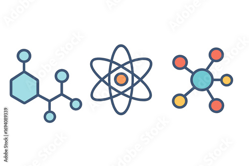 Chemistry and science vector icon set. Atom, molecule, chemical compound structure. Flat cartoon graphic for physics, education, research. Atomic model with nucleus and electron.