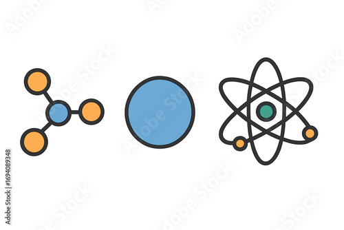 Molecule, atom, and chemical compound icons. Simple flat vector graphics for science and education. Cartoon illustration of atomic structure, physics, and chemistry elements.