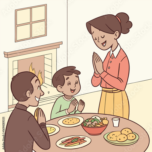 Family enjoying a meal with a sense of gratitude
