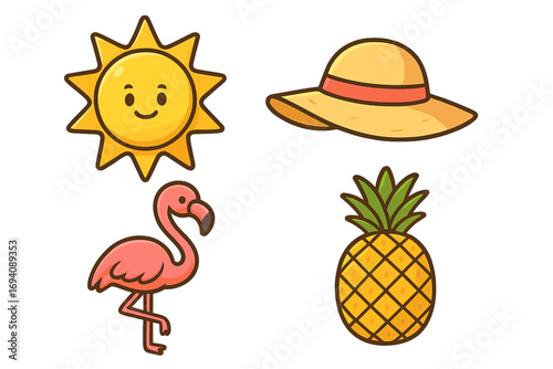 Set of cute summer icons. Cartoon sun, straw hat, pink flamingo, and pineapple. Vector illustration for beach party, tropical vacation, holiday design elements. Sticker pack.