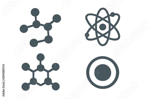 Science icon set with atom, molecule, and chemical compound symbols. Simple flat vector graphics for chemistry, physics, and biology research. Atomic structure and molecular bond.