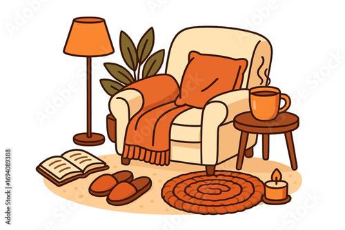 Cozy home interior for relaxation. Hygge concept with armchair, hot drink, book, and candle. Autumn comfort scene. Living room furniture for a peaceful weekend retreat. Vector.