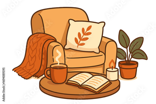 Cozy home interior for relaxation. Hygge lifestyle concept with armchair, hot drink, book, and candle. Autumn comfort scene. Reading and relaxing vector illustration.
