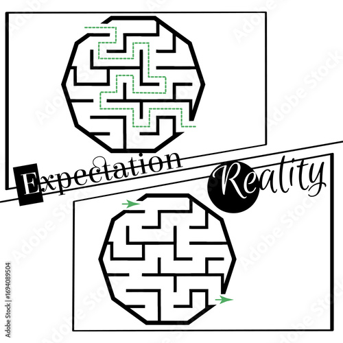 Illustration with labyrinth, maze conundrum for kids. Baby puzzle with entry and exit. Children puzzle game. Expectation and reality for labyrinth.