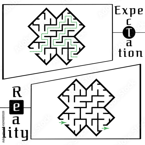 Illustration with labyrinth, maze conundrum for kids. Baby puzzle with entry and exit. Children puzzle game. Expectation and reality for labyrinth.